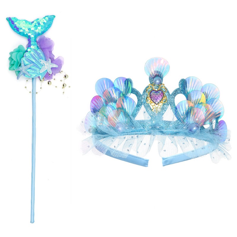 Children's Girl Princess Crown with Fairy Stick Three-dimensional Sequin Crown Mermaid Magic Wand Party Cosplay Hair Accessories