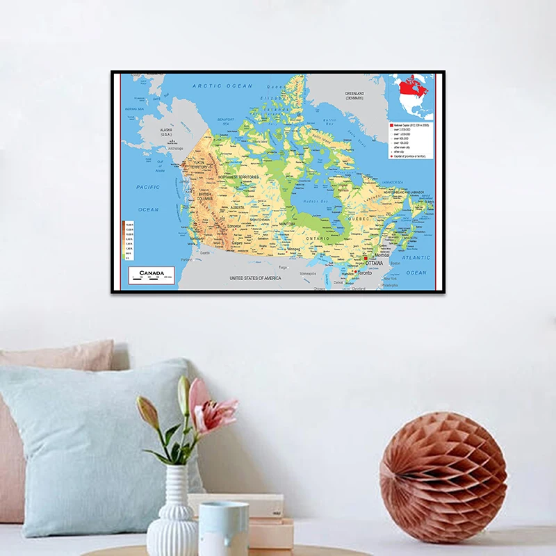 90*60 cm De Canada Topografische Kaart In Engels Canvas Schilderijen Posters en Prints Wall Art Pictures Office Class Room Supplies
