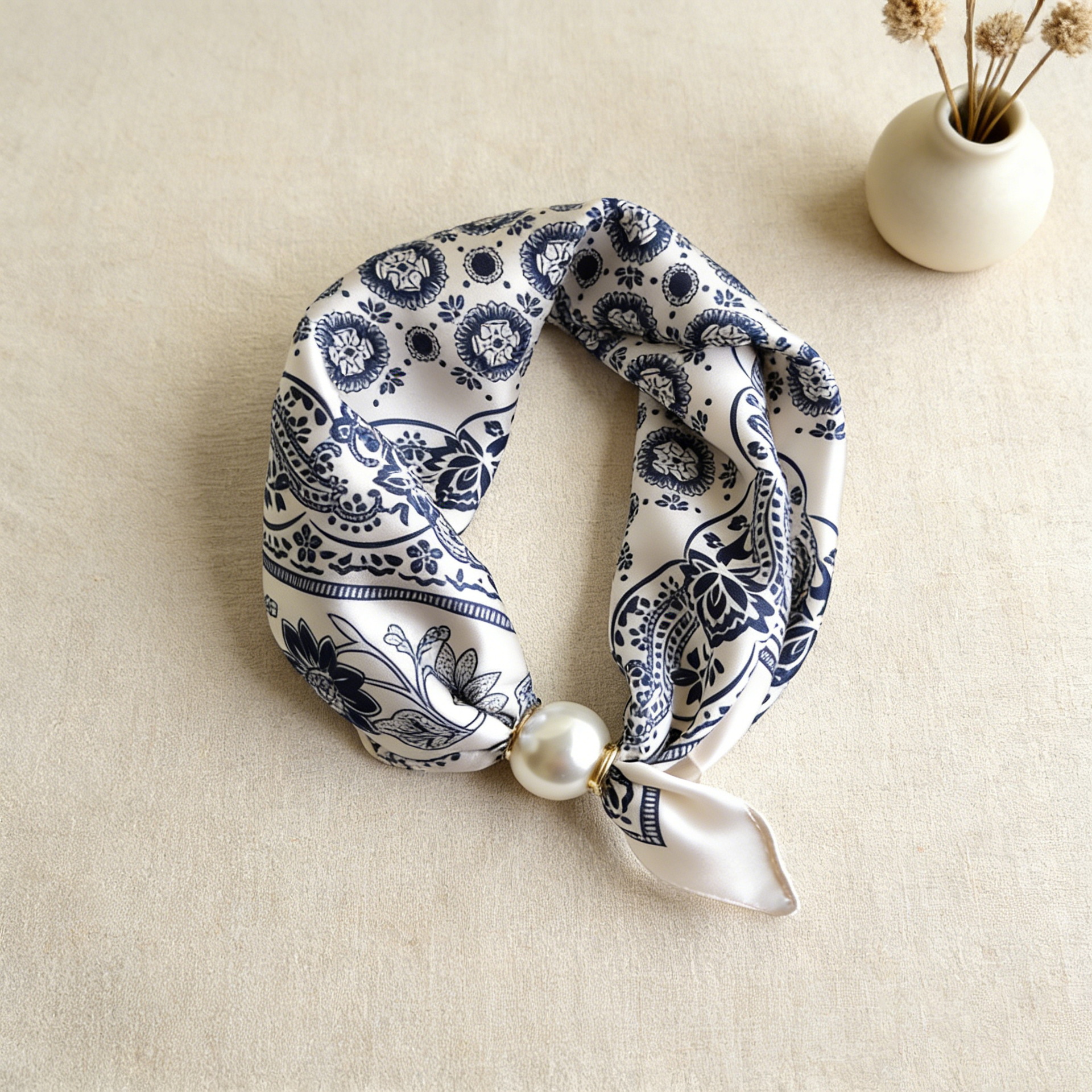 Print Silk Scarf Pearl Neck Scarf Lazy Chain Collarbone Magnetic Thin Pendant Buckle Handkerchief Ribbon Woman Luxury Accesories