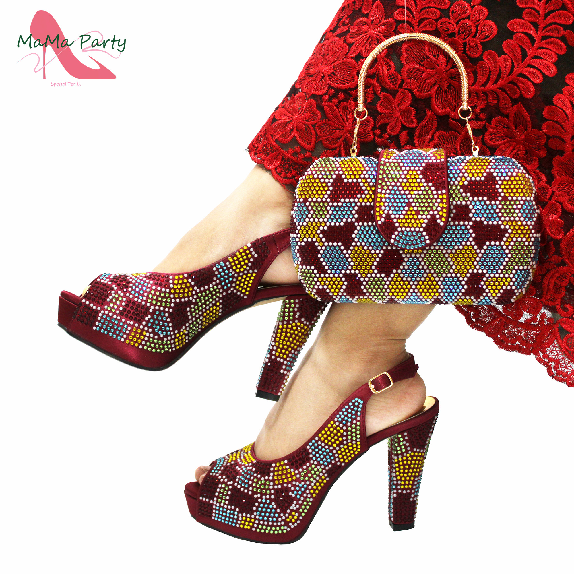 Sandales à talons carrés de couleur vin, design spécial 2024, haute qualité, chaussures et sac italiens neufs pour mariage