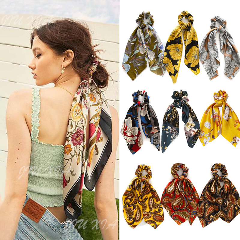 Vintage Leopard Print Bow Satin Scrunchie para mulheres e meninas, lenço de rabo de cavalo com fita longa, laço elástico
