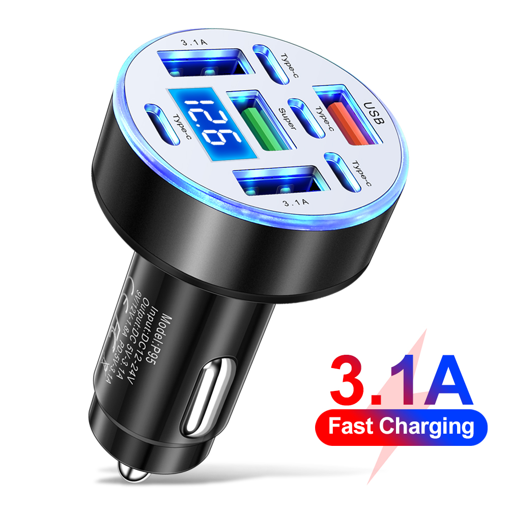 8 Ports Car Charger Fast Charging Digital Display USB Type C Car Phone Charger Adapter for iphone samsung huawei xiaomi