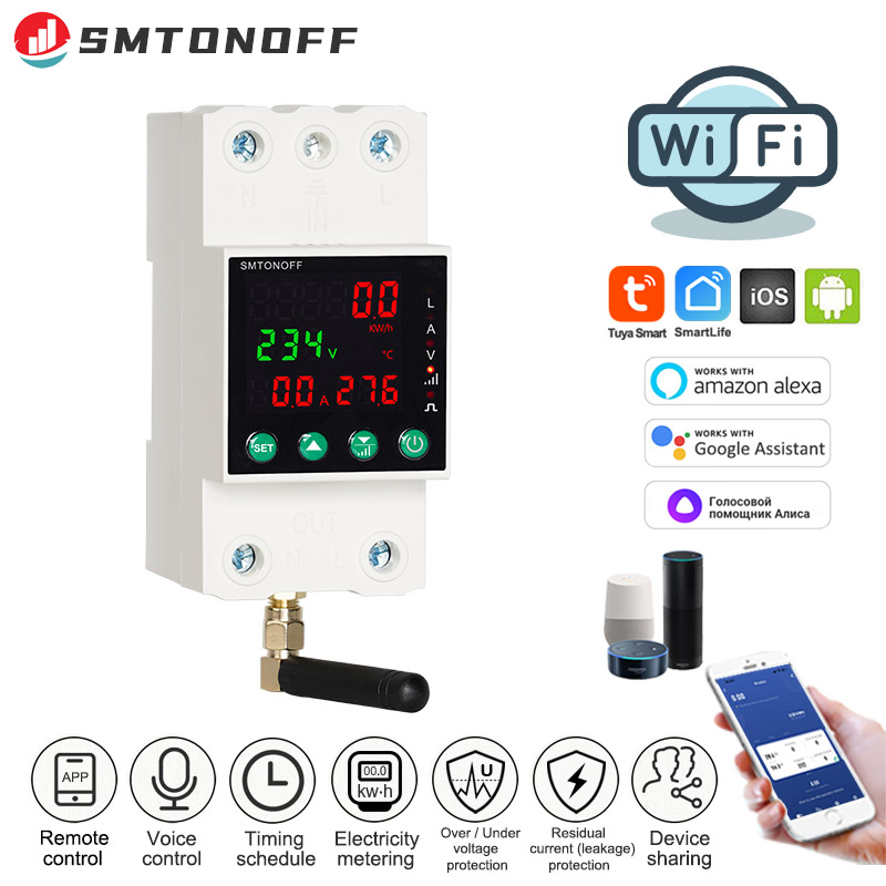 Tuya wifi monofásico 2p 63a, bloqueio automático, protetor de sobretensão, medidor pré-pago, temporizador, interruptor, controle remoto por voz
