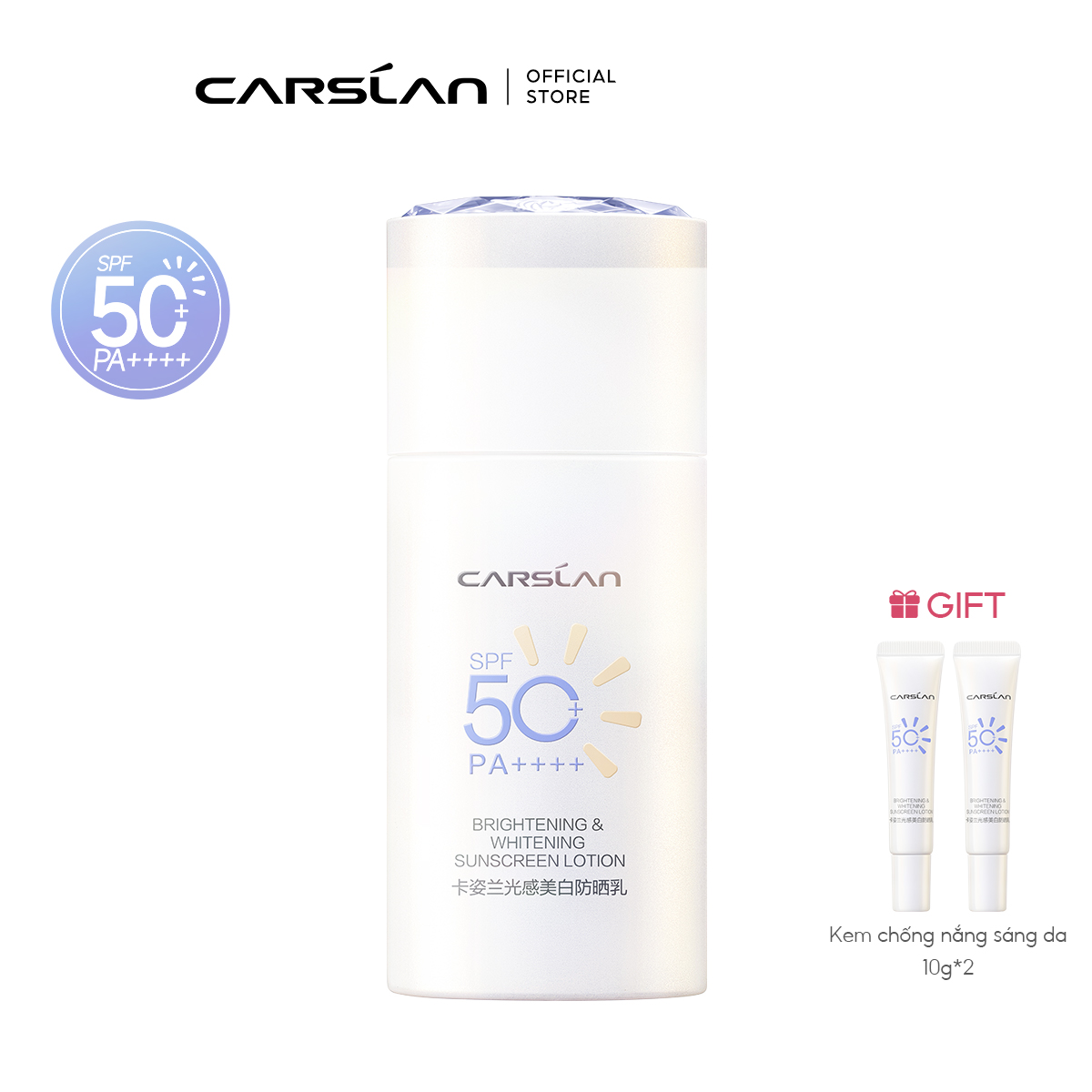 CARSLAN – Lotion solaire éclaircissante et blanchissante, légère, Non collante, imperméable, pour le visage, SPF 50 + PA +++, primaire de maquillage