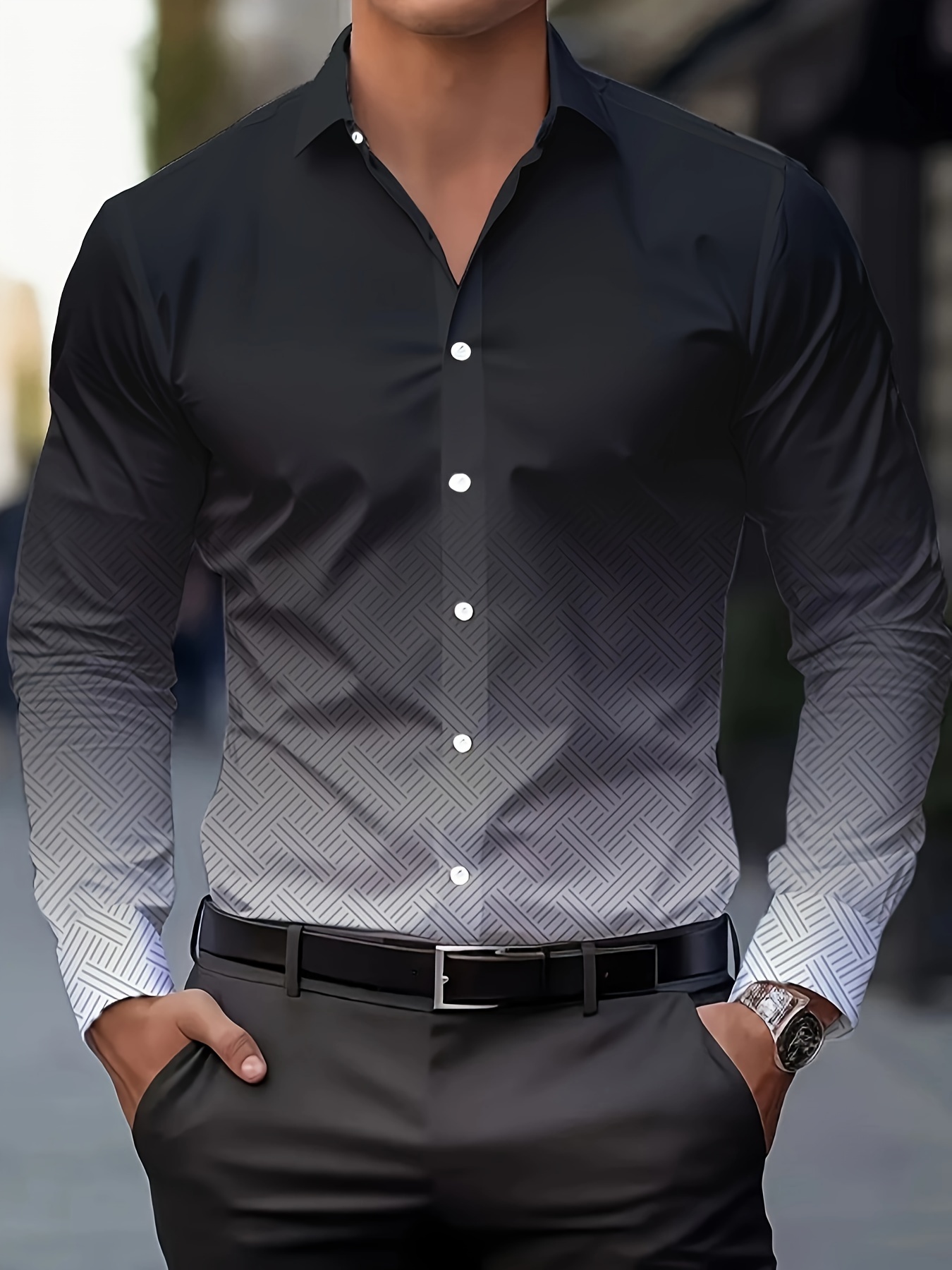 Camisa masculina elegante casual de manga comprida respirável tops gradiente casual camisas de negócios camisas de manga comprida gola virada para baixo