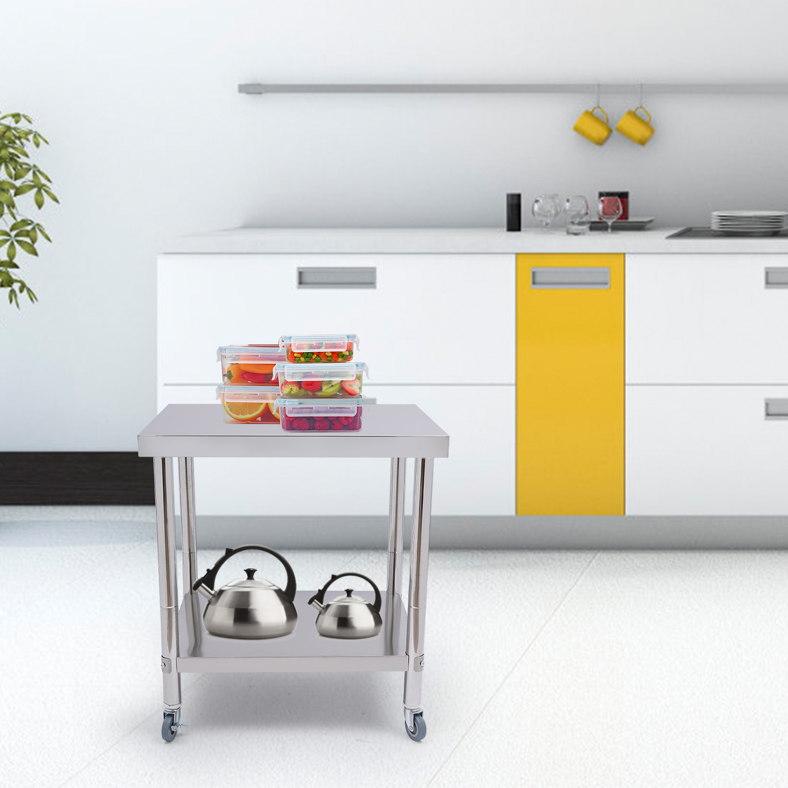 Mesa de trabalho de aço inoxidável, bancada de duas camadas com quatro rodízios práticos para preparação de alimentos e armazenamento de itens