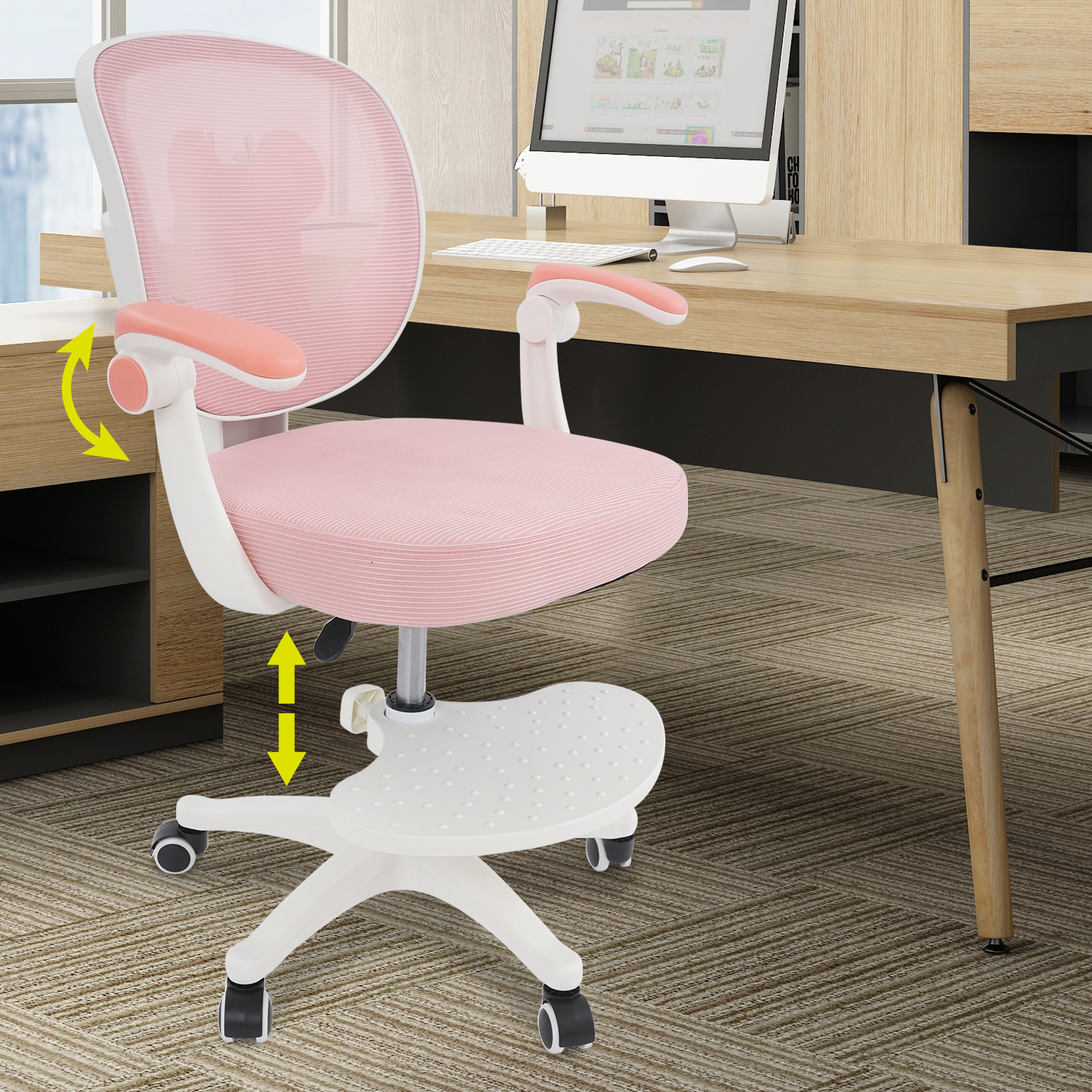 Cadeira de mesa ergonômica infantil para salas de estudo infantis, altura ajustável 76-86cm com braços articulados e suporte para encosto