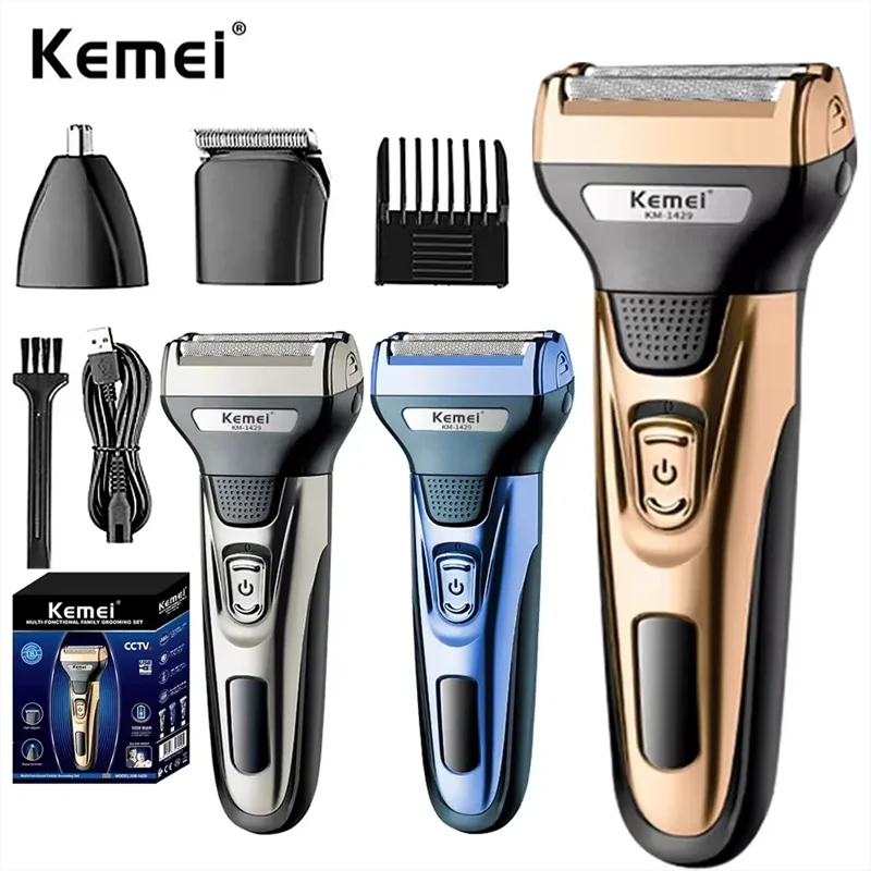 Kemei alat cukur elektrik kuat 3 dalam 1, pemangkas rambut wajah tubuh, mesin cukur jenggot, pemangkas rambut telinga hidung untuk pria, KM-1429