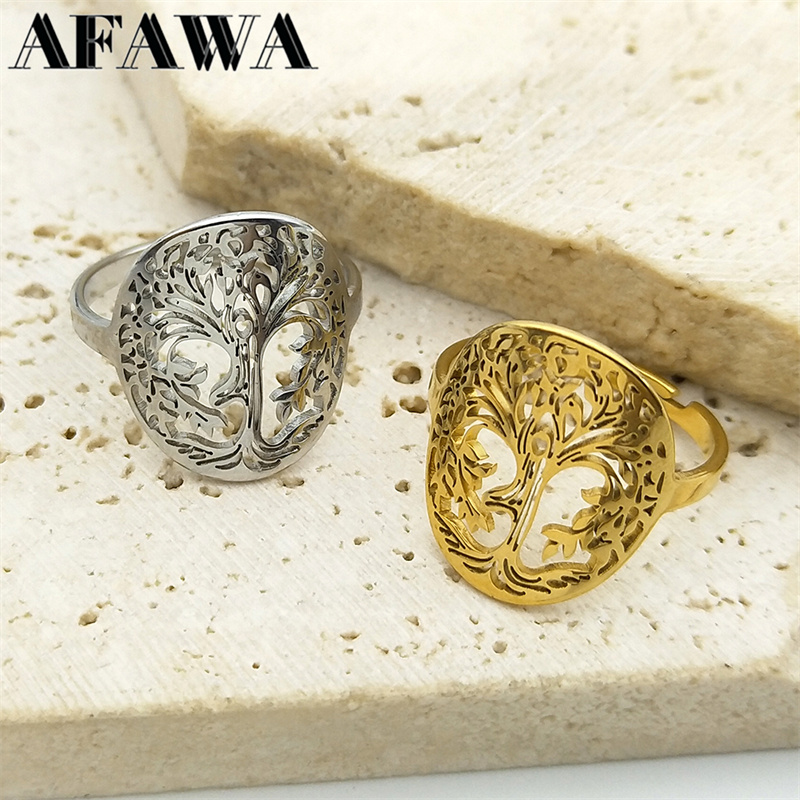 Yoga Healing Tree of Life Ring for Women Men Stainless Steel Gold Color Balance Spiritual Adjustable Rings Jewelry R59S02