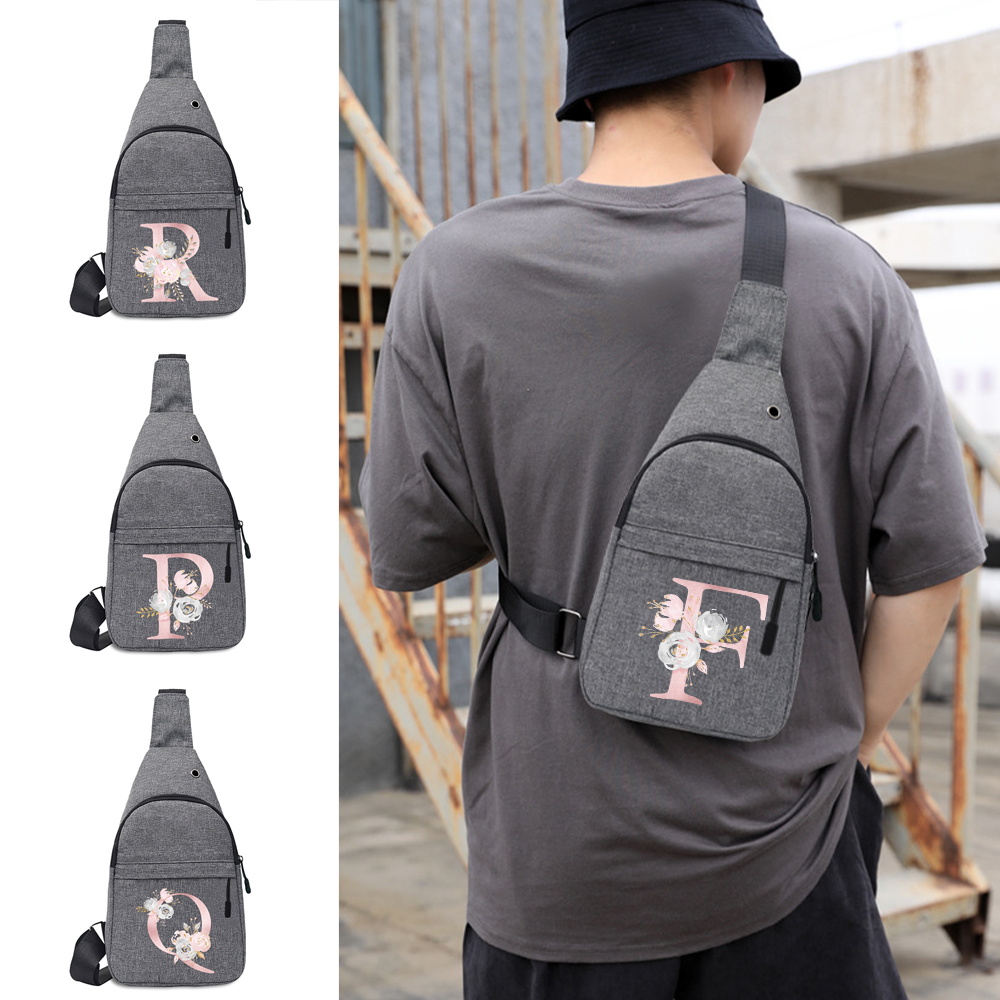 Herren Schulter Brusttasche Canvas Sport Umhängetasche Trend Outdoor Brusttasche für Männer Rosa Blume Buchstabe Name Serie Muster