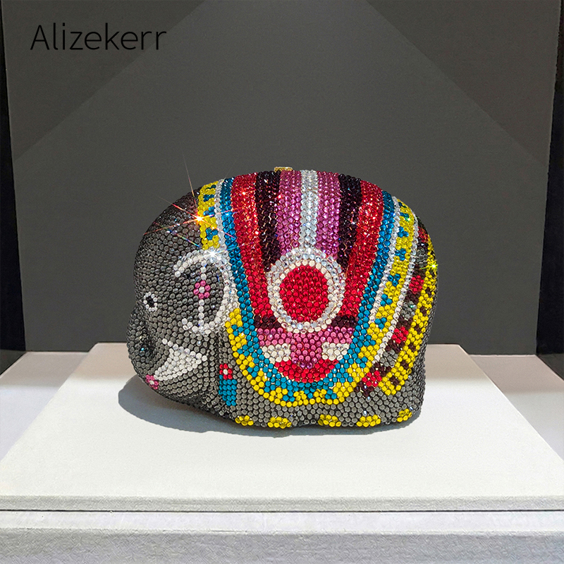 Alizekerr Indian Elephant Shaped Crystal Evening Bag Women Novelty Sparkly Flat Bottom Rhinestone Clutch Purse Wedding Party