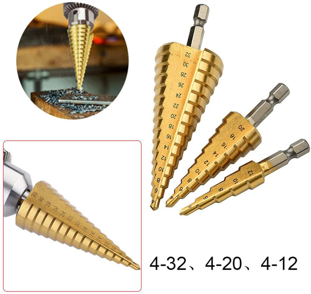 ดอกสว่านเจาะรูแบบขั้นบันได HSS ขนาด 4-32 มม. หัวหกเหลี่ยมเคลือบไทเทเนียม สำหรับเจาะรูทรงกรวย ใช้ได้กับเหล็กแผ่น อลูมิเนียม และโลหะอื่นๆ