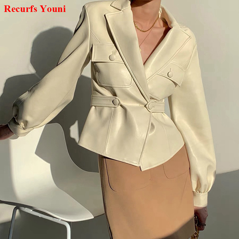 Chaqueta de Cuero con cuello de traje para Mujer, abrigo corto con bolsillo, diseño de cintura delgada con un botón, Primavera, 2023