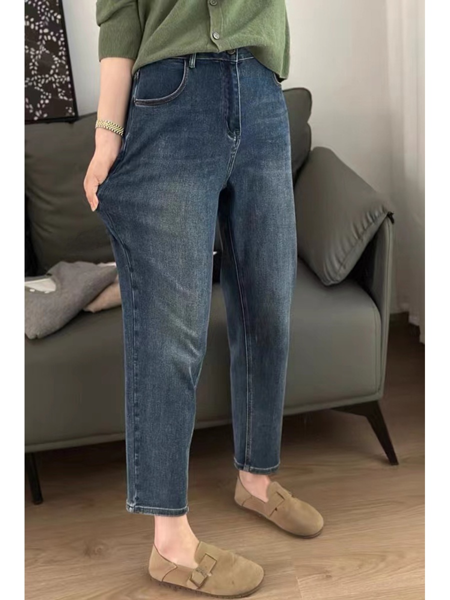 plus Size High Waist Straight Leg Nine-Tenths Denim Jeans Women's Autumn Winter Loose Fit Casual Harlan Pants Elastic