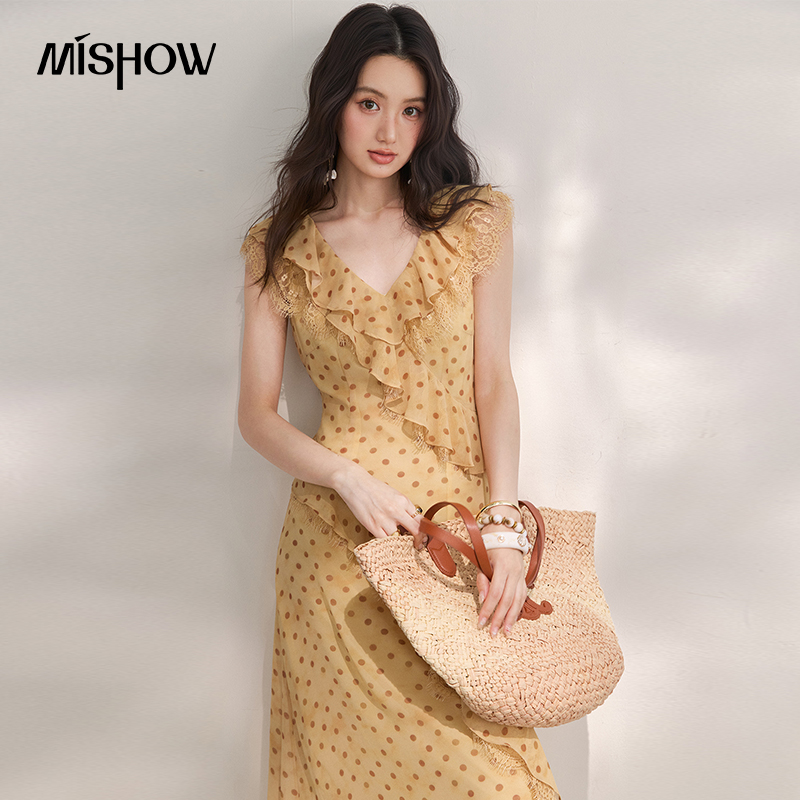Vestido Midi Vintage de Mujer MISHOW con Estampado de Lunares, Verano 2026, Cuello en V Francés, con Volantes de Encaje, Sin Mangas, Ajustado, Largo MXF29L2745