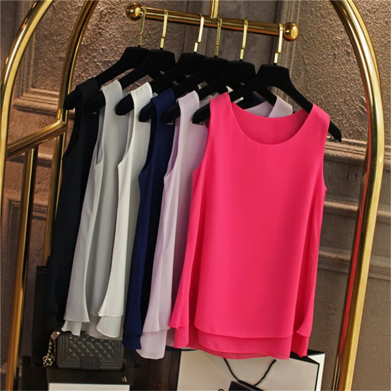 เสื้อแขนกุดผ้าชีฟองสีขาวสีฟ้าสีแดงสำหรับผู้หญิงเสื้อเสื้อเด็กแขนกุดคอกลมเสื้อใส่ทำงานออฟฟิศสำหรับผู้หญิงเสื้อผ้าแฟชั่น