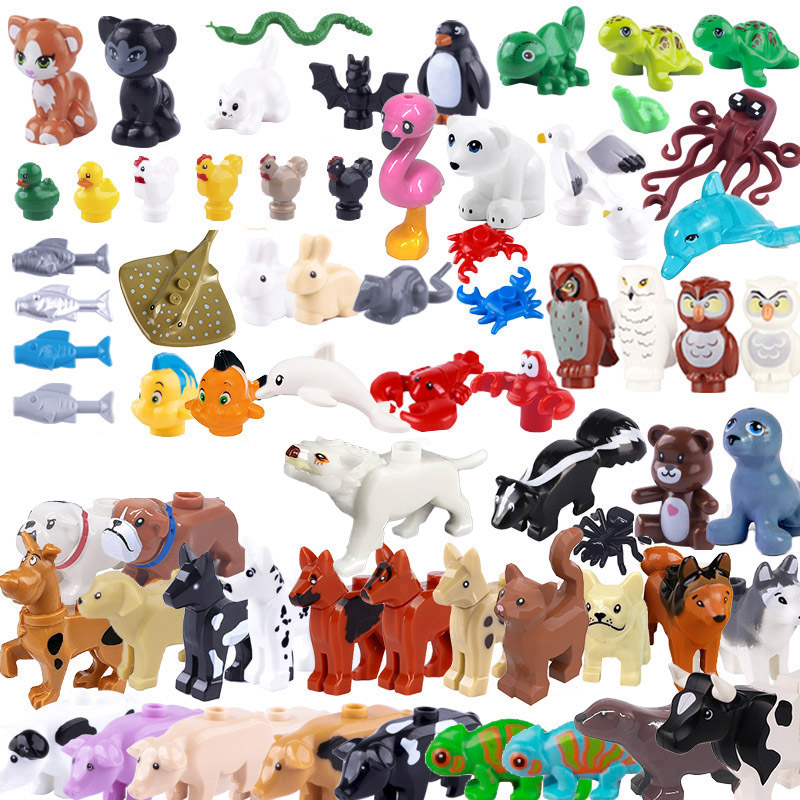 MOC City Farm Animal Set Building Blocks Pig Fishes Dog Octopus Penguin Cat Bird Duck Spider Bat Zoo accessori fai da te mattoni giocattoli