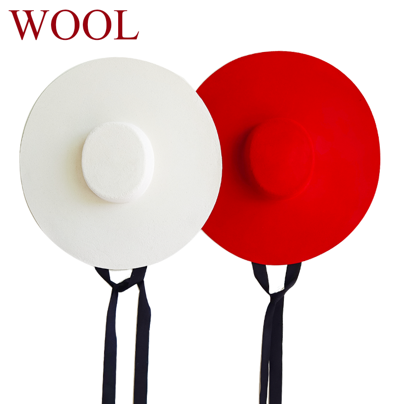 Raja Gandum Lebar Pinggiran Besar Wol Datar Formal Putih Wanita Fedora Tahap Acara Merasa Topi Musim Dingin Perban Wanita Fashion Outdoor Topi