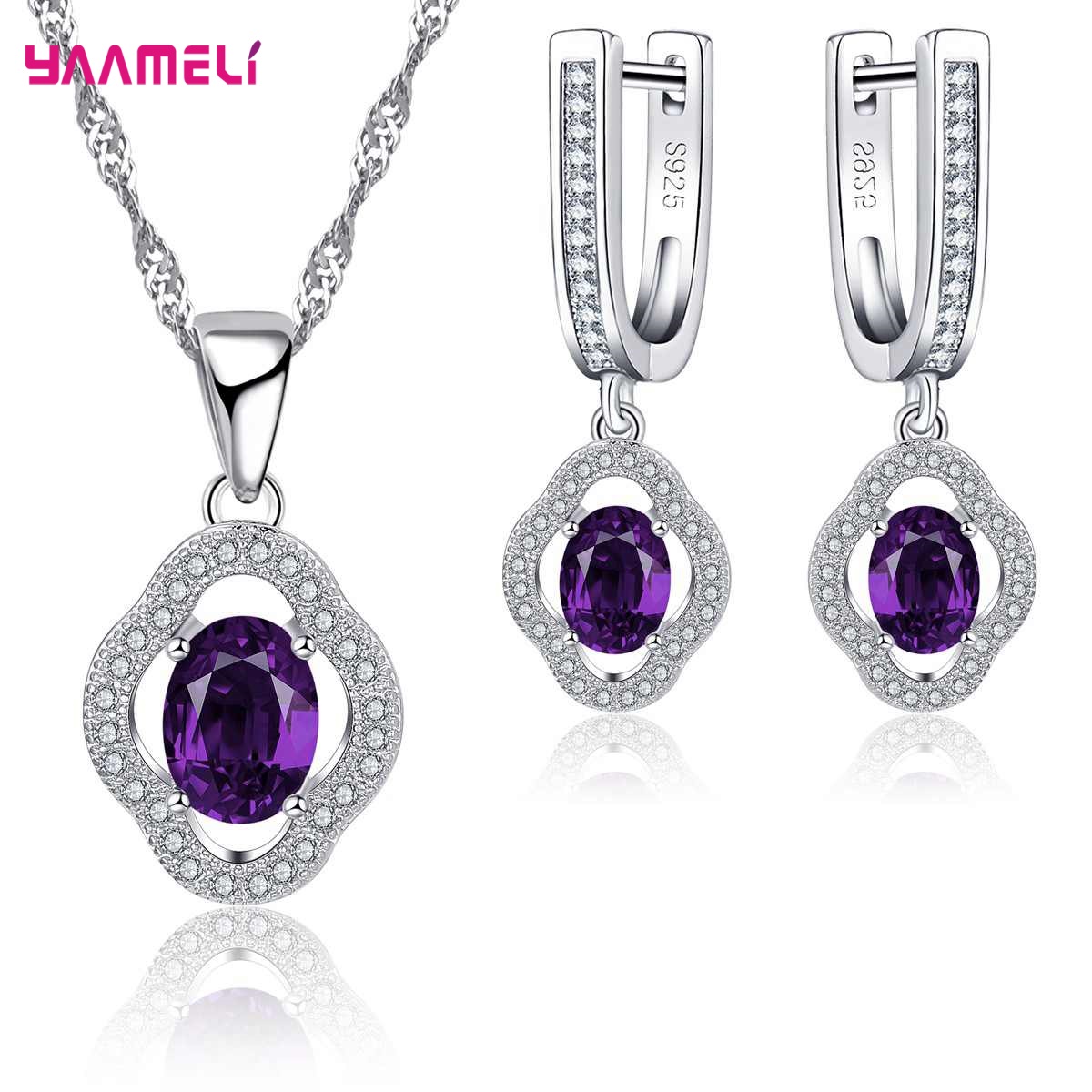 Vintage Echte Pure 925 Sterling Zilveren Cadeau Sieraden Sets Voor Vrouwen Vrouwen Glanzend Zirkoon Hanger Ketting Huggie Oorbellen