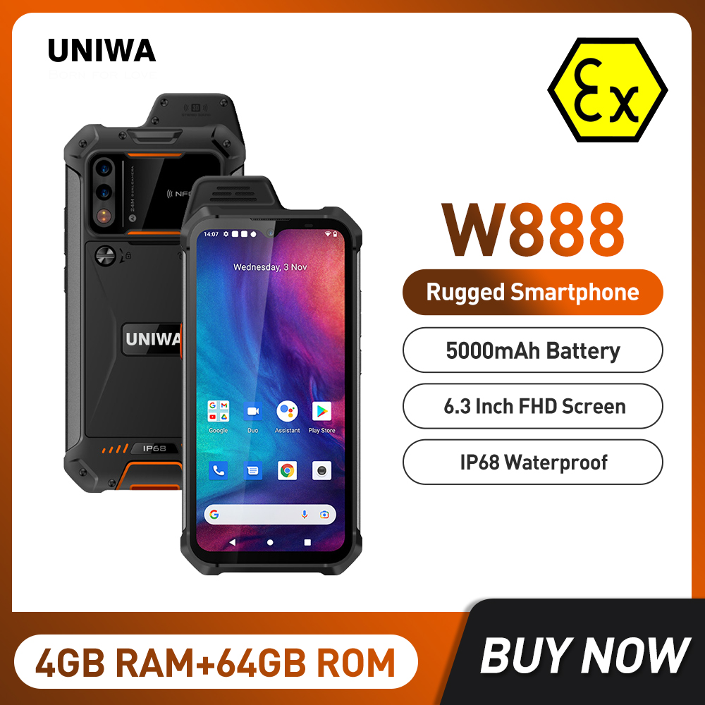ATEX Chống Cháy Nổ IP68 Điện Thoại Thông Minh UNIWA W888 4GB 64GB Android 11 6.3 Inch NFC ĐTDĐ Máy Bộ Đàm 4G Di Động