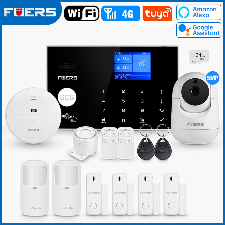 FUERS WIFI GSM système d'alarme sans fil système d'alarme de sécurité anti-cambriolage à domicile Tuya APP contrôle sirène détecteur de mouvement PIR capteur de fumée