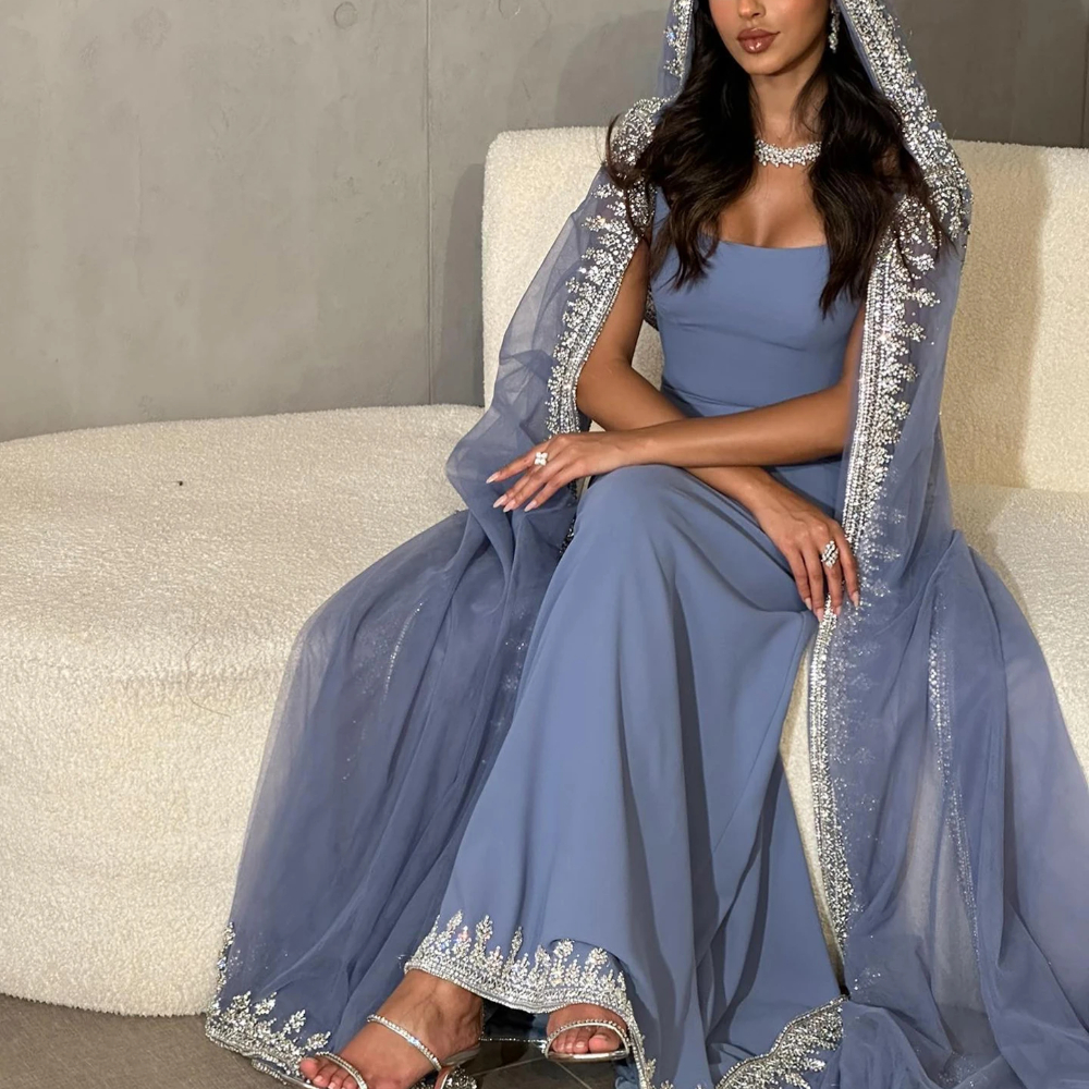 Oisslec Luxe Blauwe Zeemeermin Dubai Avondjurken Met Cape Mouwen Sage Green Elegante Arabische Vrouwen