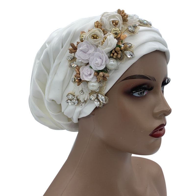 Turbante plisado con flores y diamantes de imitación para mujer, gorro elegante para la cabeza, pañuelo para la cabeza, gorro para fiesta