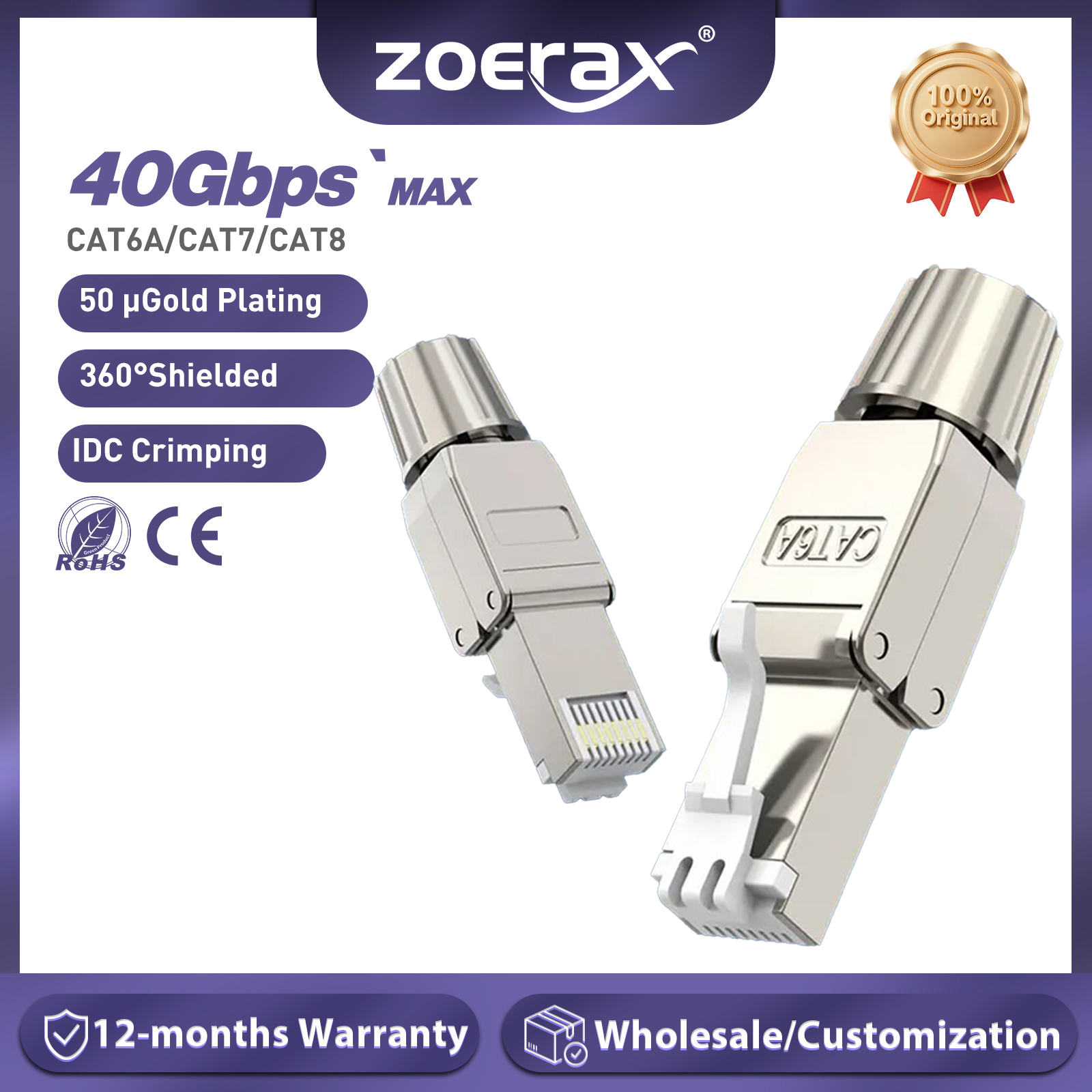 ZoeRax RJ45 Cat8 Cat7 Cat6A-Steckverbinder, werkzeuglose, wiederverwendbare Ethernet-Abschlussstecker, Internetstecker, schnelle Feldinstallation