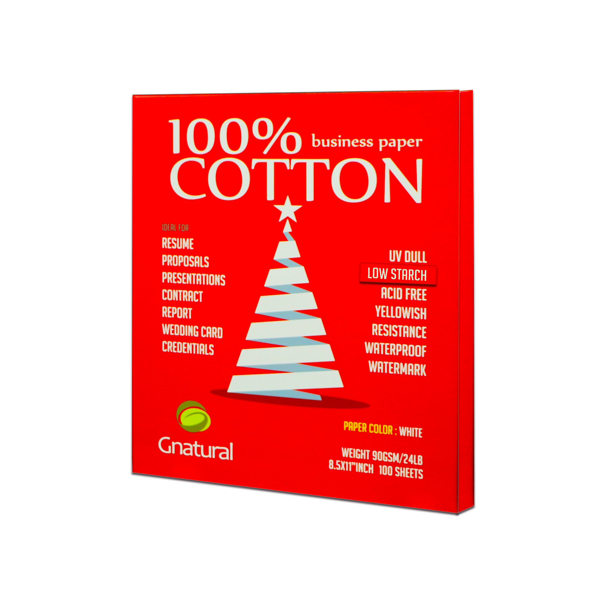 90gsm EE. UU. 100% papel de algodón tamaño de letra 216*279mm color blanco con marca de agua a bajo almidón impermeable 100 hojas MCYT003