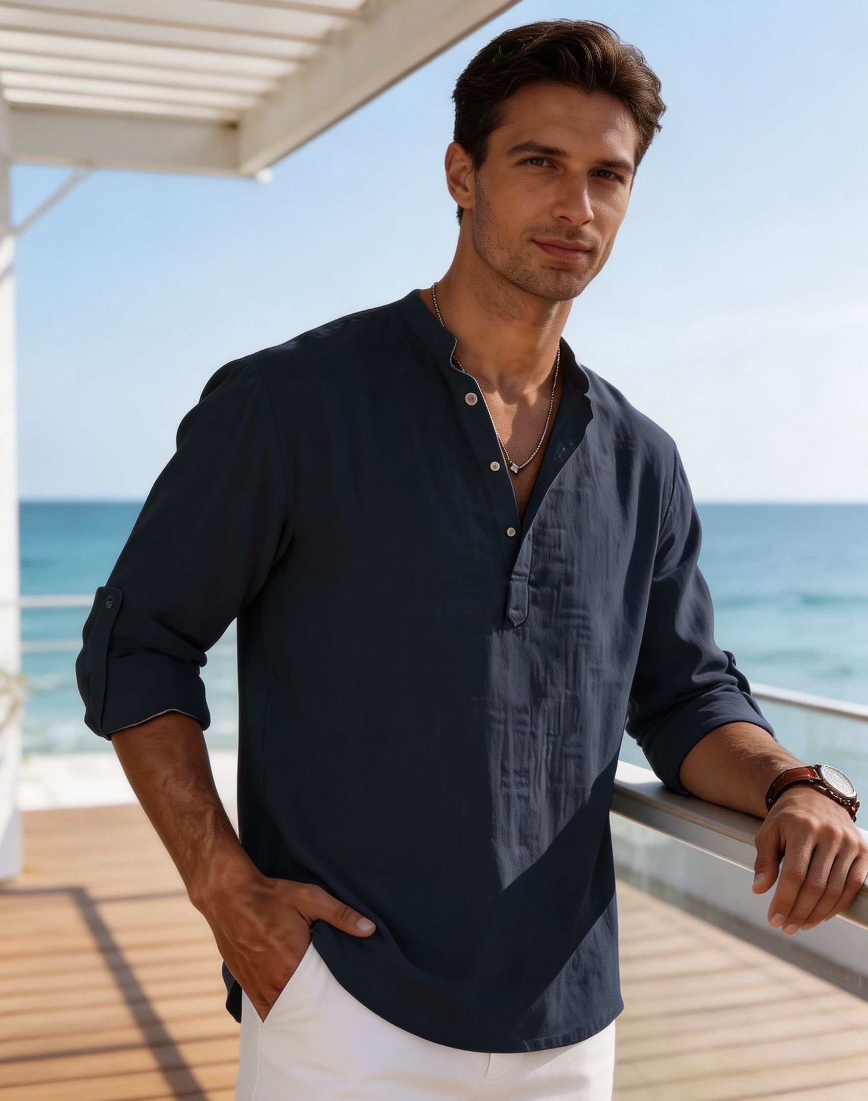 Camicia Henley da uomo in cotone e lino, casual, a maniche lunghe, vestibilità ampia, basic, sottile, estiva