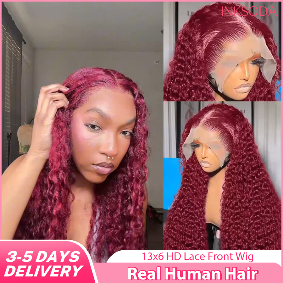 220% Density Burgundy Curly 13x6 Hd Lace Frontal Wig Brazilian Human Hair Water Deep Wave 99J Red Colored Wig For Women 36 Inch