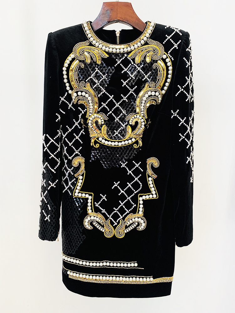 HIGH STREET Najnowsza kolekcja F/W 2026, designerska suknia z wybiegu, damska, z długim rękawem, oszałamiająca, z cekinami, perłami i koralikami, aksamitna.