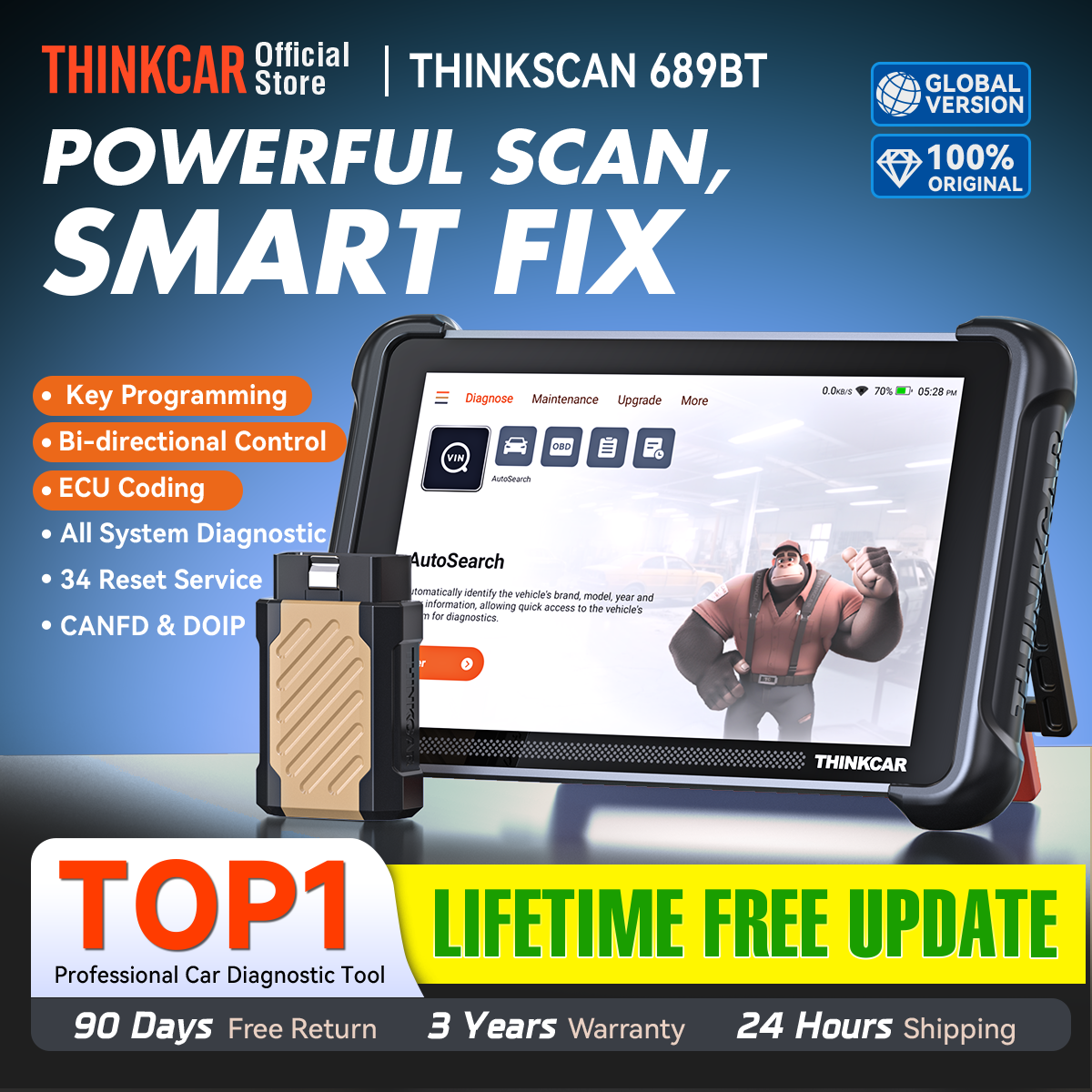 THINKCAR THINKSCAN 689BT Key Programming Automotive Diagnostic Tool Bi directional Obd2 Scanner ECU Coding CANFD DOIP 34 Resets