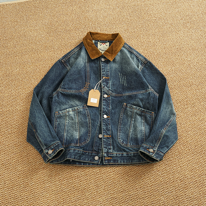 Lente nieuwe Amerikaanse retro zware halslijn contrasterende kleur corduroy gewassen oude cargo-denim jasje heren revers casual jas