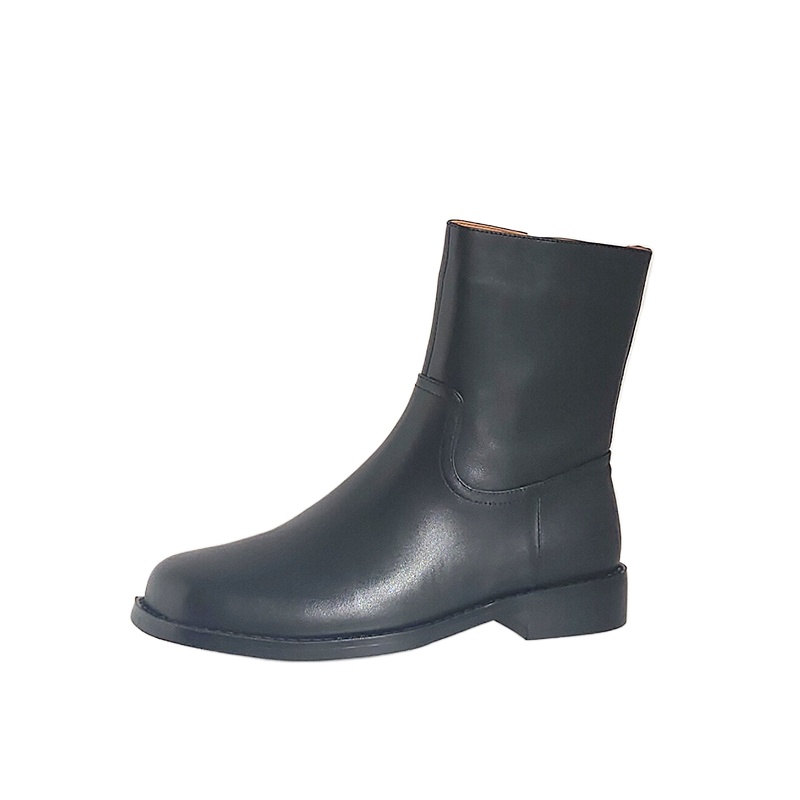 Botas de Motocicleta Femininas em Couro Genuíno para o Outono, Preto e Marrom, Com Salto Baixo e Bico Redondo, Zíper Lateral