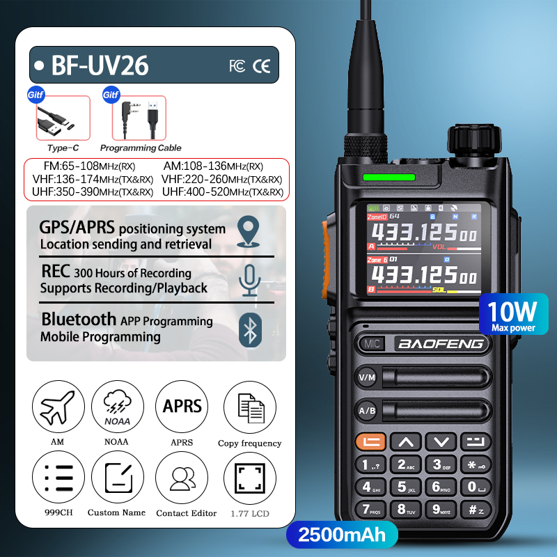 Baofeng UV26 Walkie Talkie GPS APSR Multi Band Bluetooth Programming Recording Wirless Copy Frequency Type-C Long Range Two Way