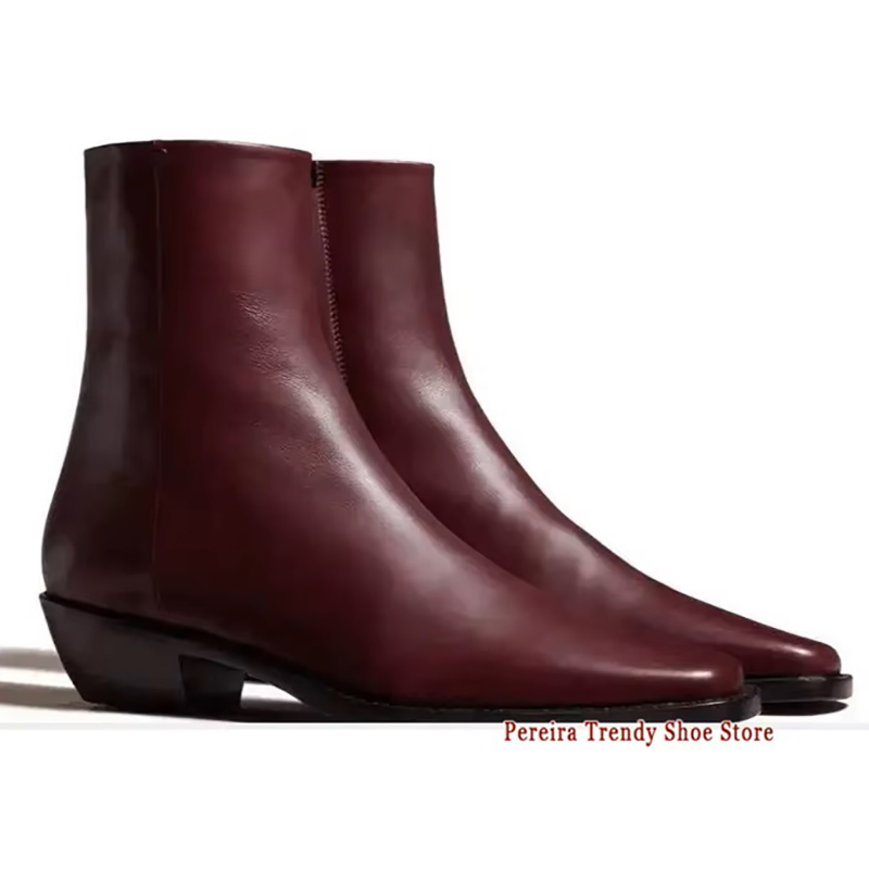 Weinrote schwarze Rindsleder-Chelsea-Stiefel aus echtem Leder, spitzer Zehenbereich, seitlicher Reißverschluss, kurze Stiefel, handgefertigte, lässige Business-Schuhe für Herren