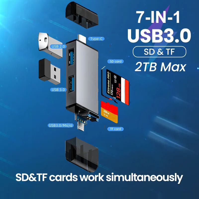 Устройство для чтения карт памяти USB Type C на SD TF ,7 in 1 Card Reader USB 3.0 Type C to SD TF Memory Card Flash Drive Adapter for PC Laptop Accessories Multi Smart Cardreader