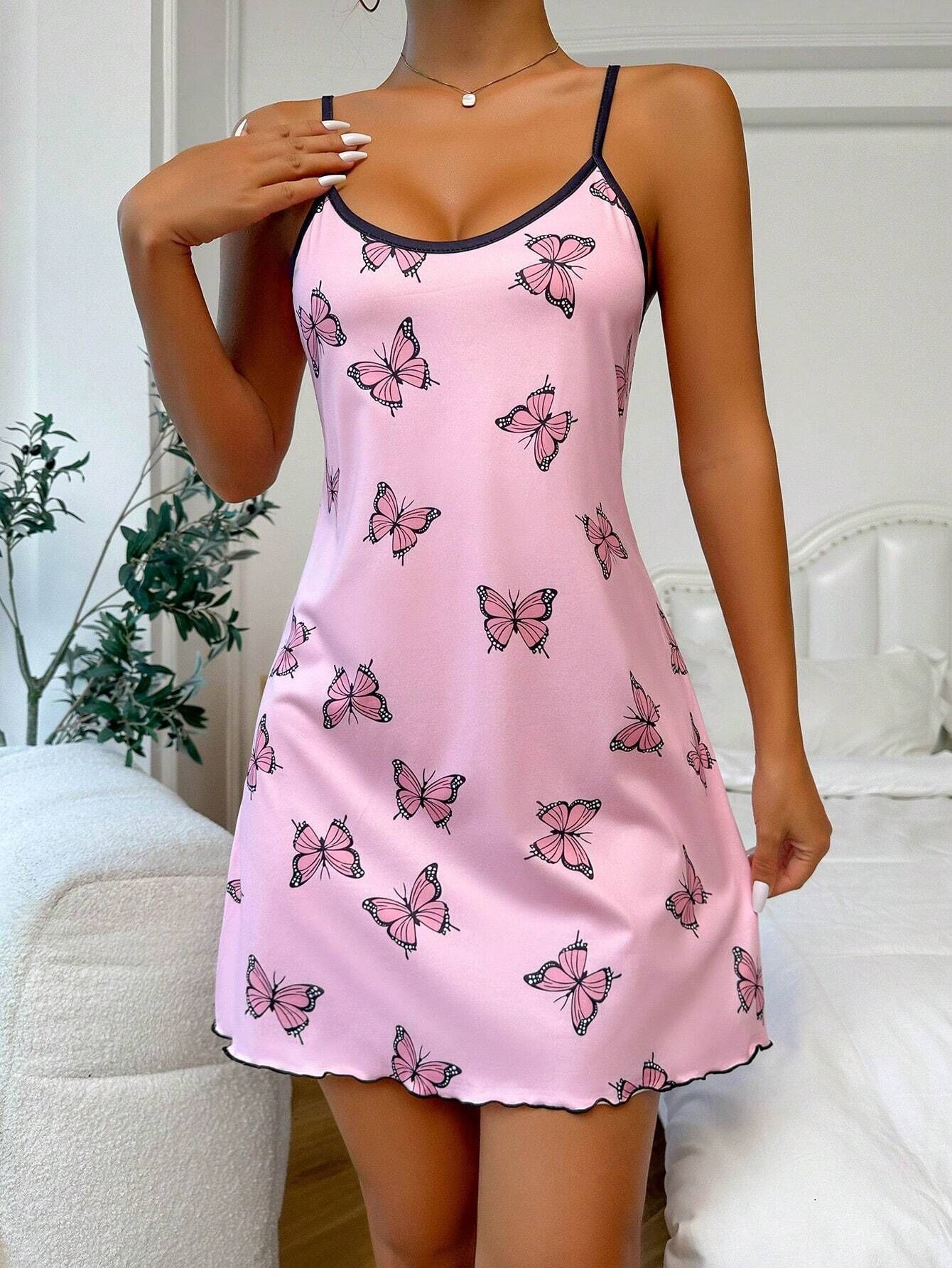 ผู้หญิงชุดนอน Nightgowns Nightdress กระโปรง S M L ผีเสื้อพิมพ์สบายระบายอากาศ Casual แฟชั่นฤดูร้อน