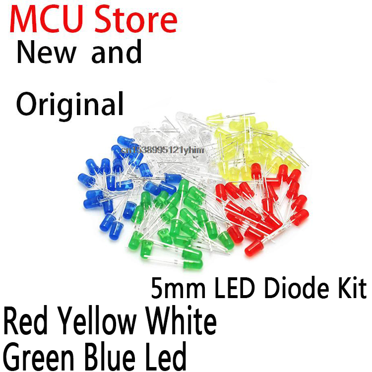 100 Stück neue und original 5mm Rundkopf Nebel rot gelb weiß grün blau LED 5mm LED Dioden Kit