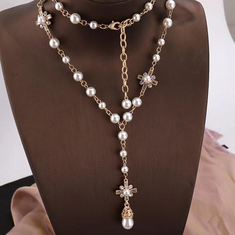 Koreański Fashion Pearl długi podwójny warstwowy naszyjnik sweter łańcuszek na akcesoria