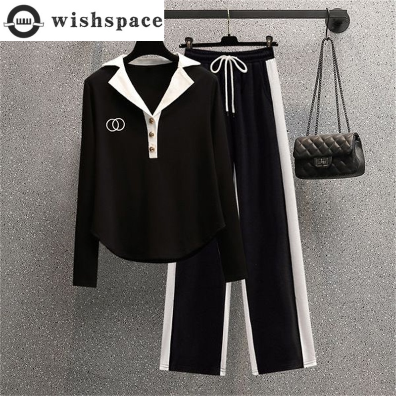 2024 Autumn New Polo Collar Long Sleeved Shirt Casual Patchwork Wide Leg Pants Two-piece Set Women's Pants Set