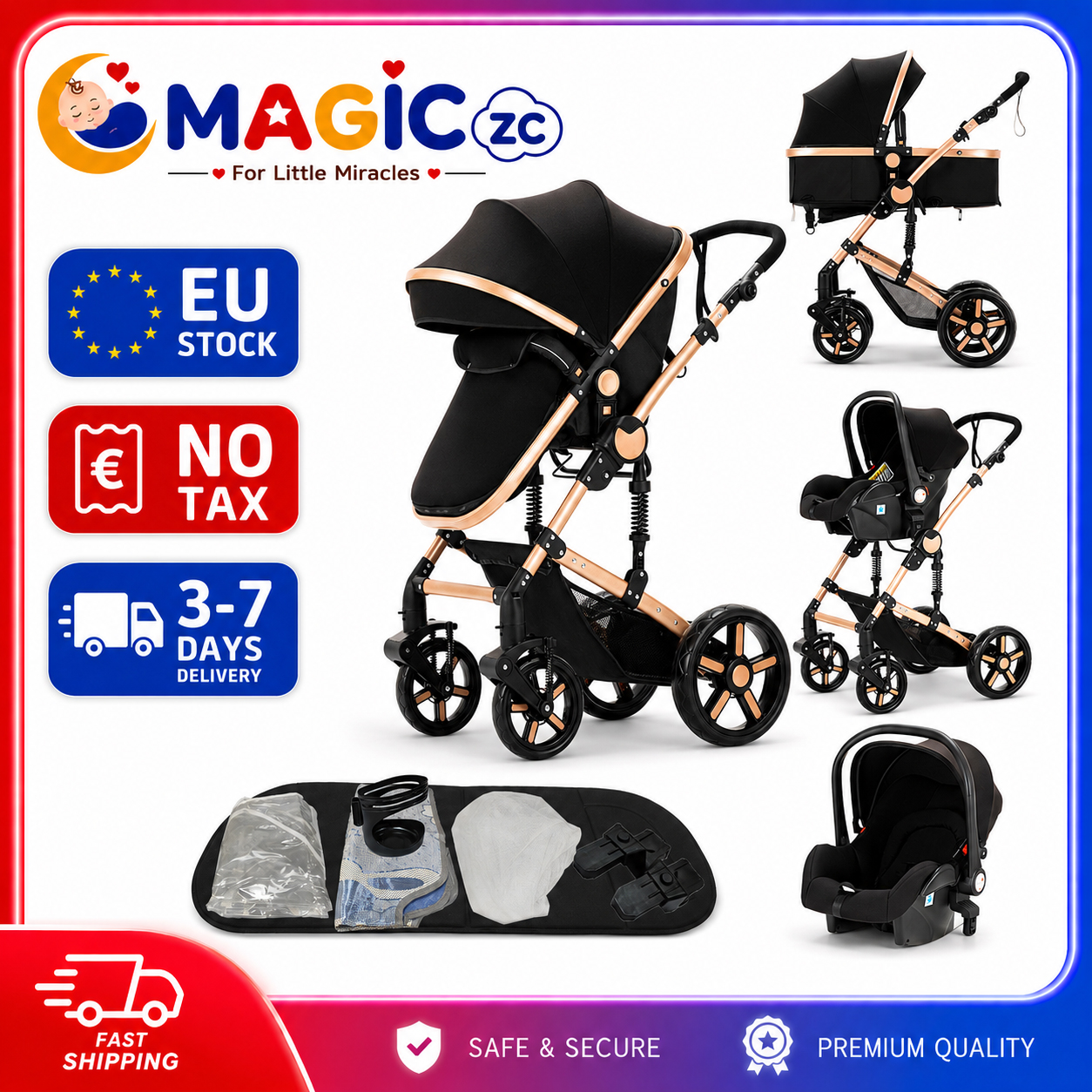 Carrinho de Bebê 3 em 1 com Sistema de Viagem, Carrinho para Recém-Nascidos com Cadeira de Carro, Assento Reversível, Assento Elevado, Leve, Dobrável, Estrutura de Alumínio, Rodas EVA, Amortecimento, Carrinho de Luxo para Bebês, Acessórios para Crianças d