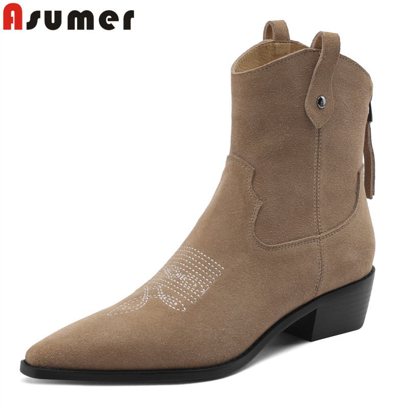 ASUMER Plus Size 34-44 Cow Suede Leahther Western Boots Women Zipper Block Mid Heels Cowboy Ankle Boots Ladies Shoes