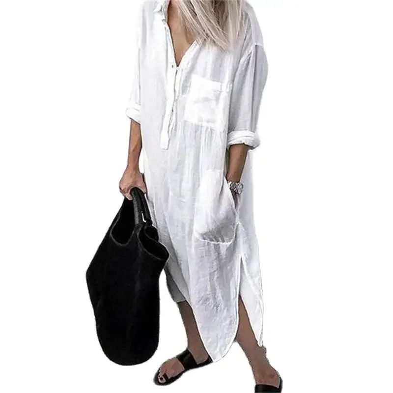 Frauen elegante Baumwolle Leinen einfarbige Kleider Sommer bequeme weibliche lässige Pendler Kleid Multi-Pocket Split Saum lose Kleid