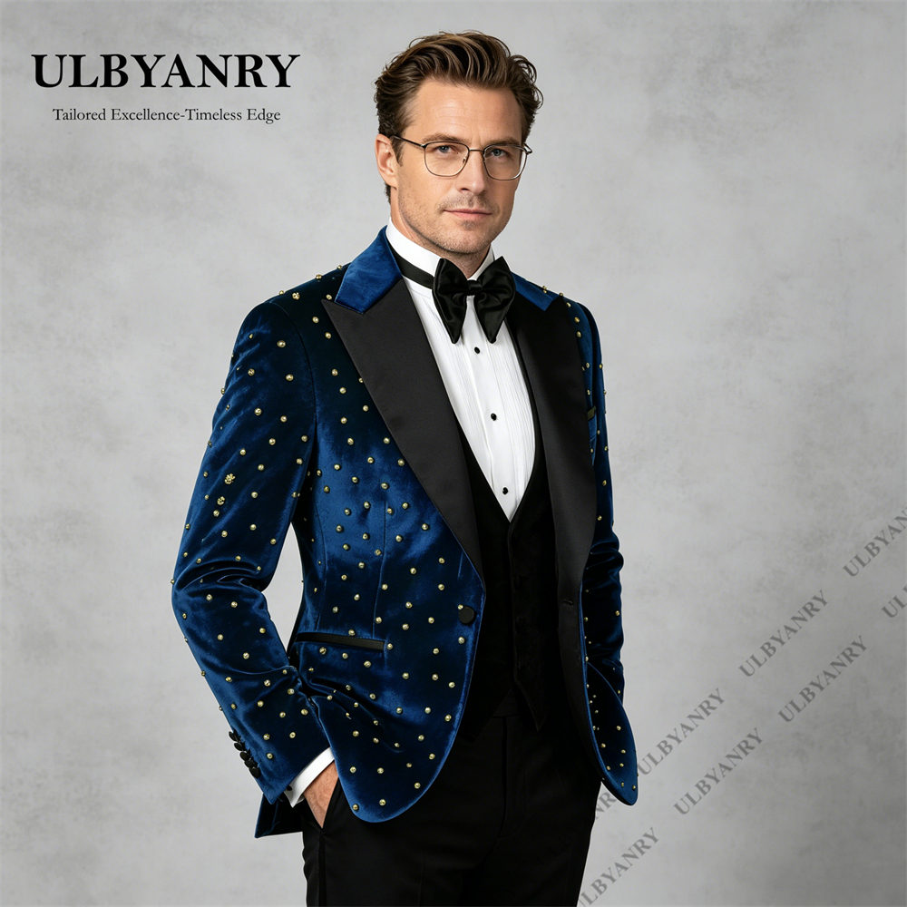 Conjunto de Terno Elegante Personalizado ULBYANRY em Veludo, Três Peças, Terno Formal, Preto com Lapela Pontiaguda, Ajuste Slim, Terno para Noivos
