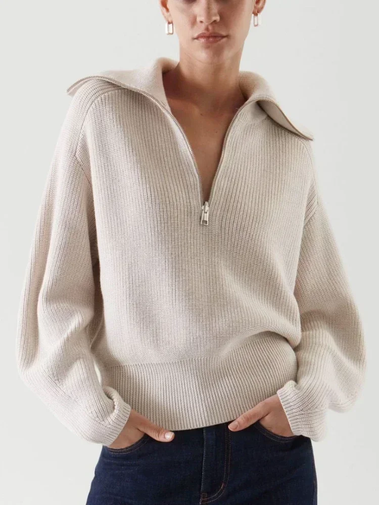 Sweter Wanita Musim Dingin Sweter Rajutan Lengan Panjang Ritsleting Turtleneck Longgar Kebesaran Kerah Lipat Pullover untuk Wanita
