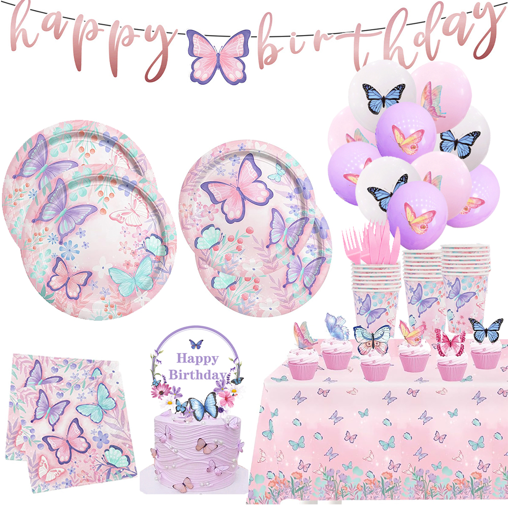 Nappe de fête d'anniversaire papillon, assiette de bannière, ballons papillon pour enfants filles, décoration de fête d'anniversaire, fournitures cadeaux