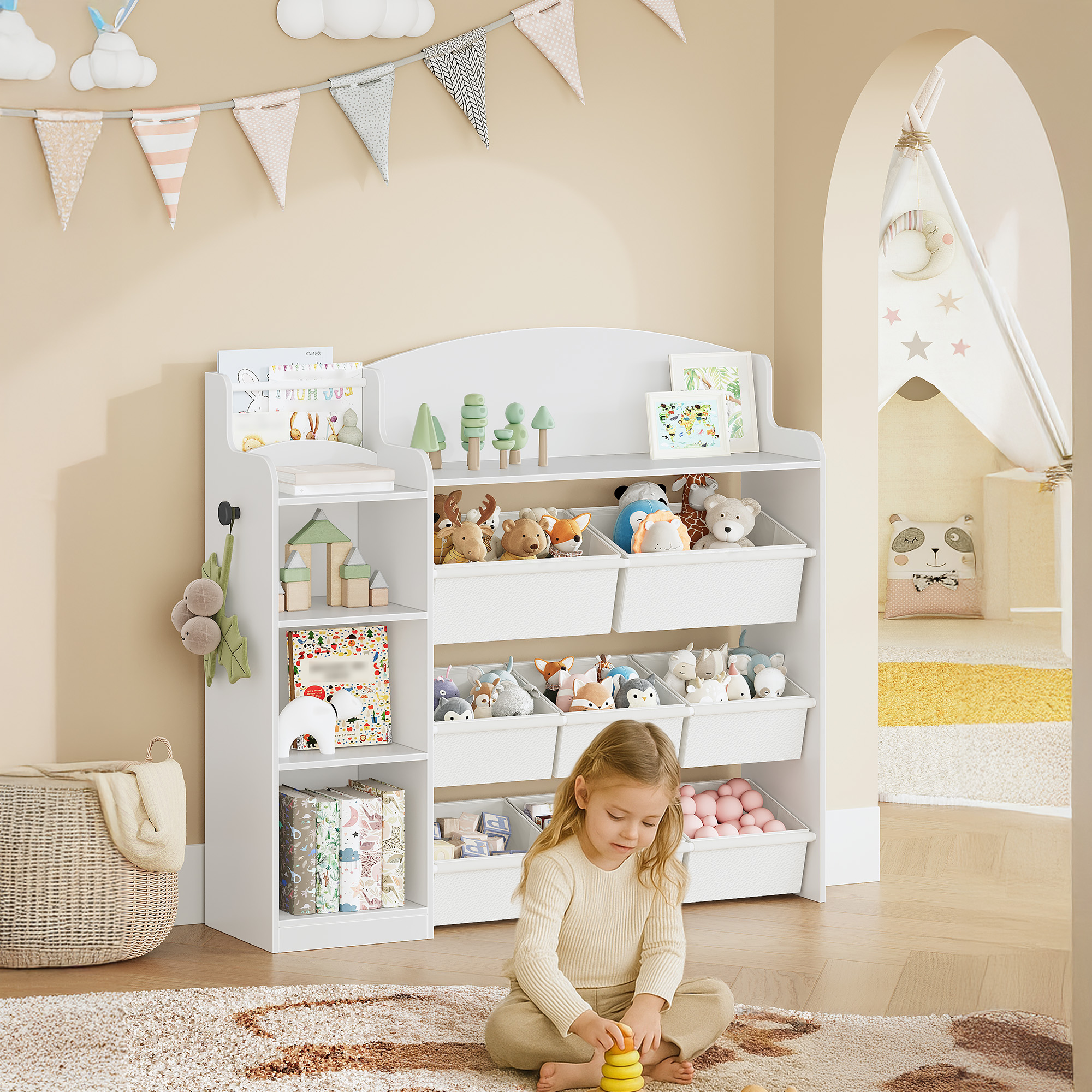 Kinderregal, Bücherregal aus Holz, Spielzeugregal mit 8 Stoffschubladen für Kinderzimmer, Wohnzimmer, Arbeitszimmer, Weiß