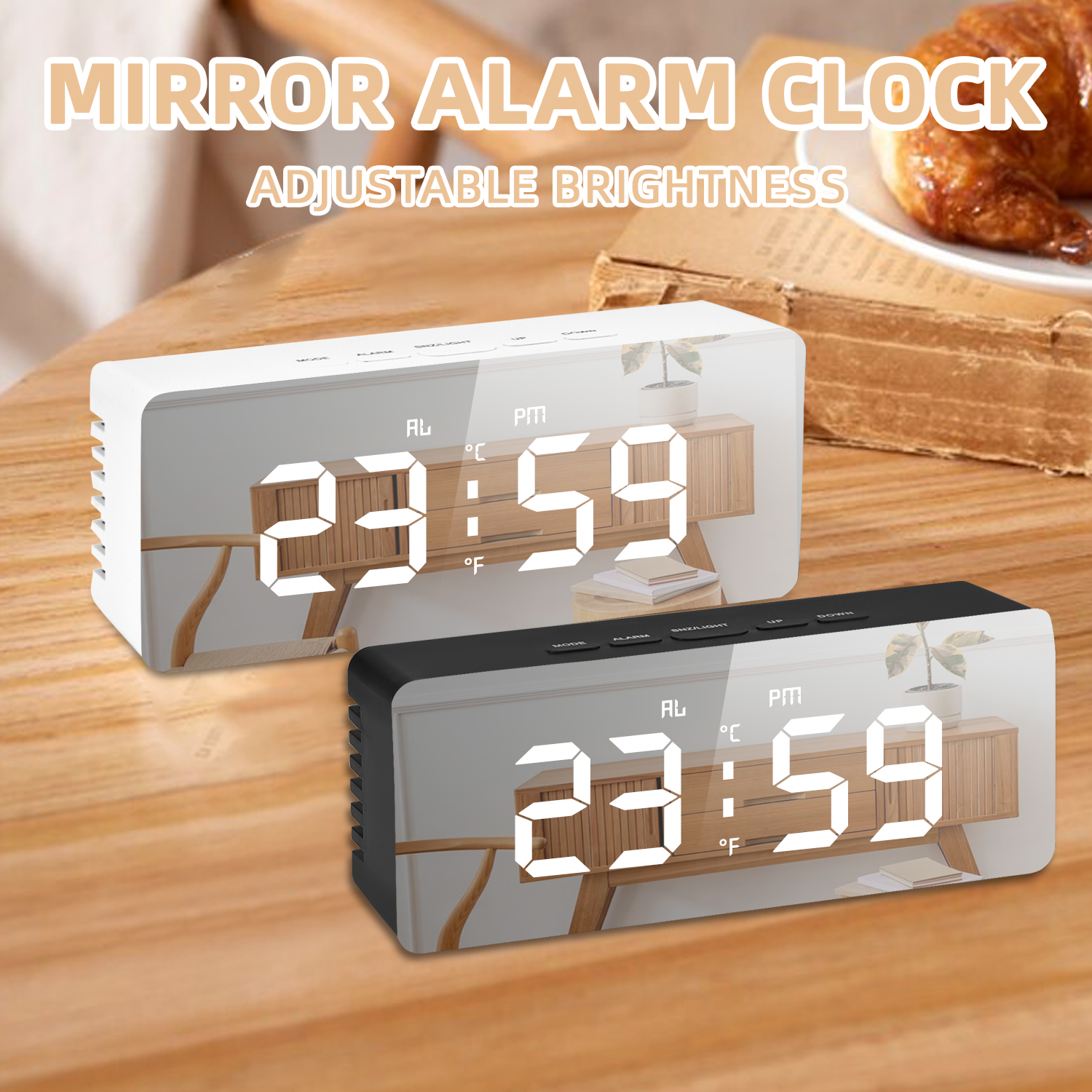 스마트 알람 시계 침대 옆 테이블 Led 알람 시계 디지털 어린이 전자 알람 시계 곡선 스크린 미러 온도